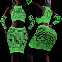 Vestido Noturno Luminoso "Starlight Embrace" - Lingerie Crotchless com Meias Fishnet