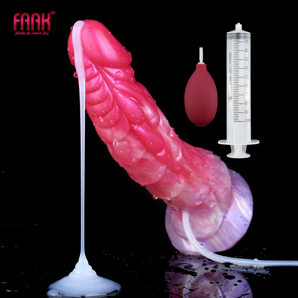 Faak Esguichando Pênis de Cavalo Curvo com Nervuras - Vibrador Ejaculação com Ventosa, Spray Líquido Multicor, Plug Anal G-spot