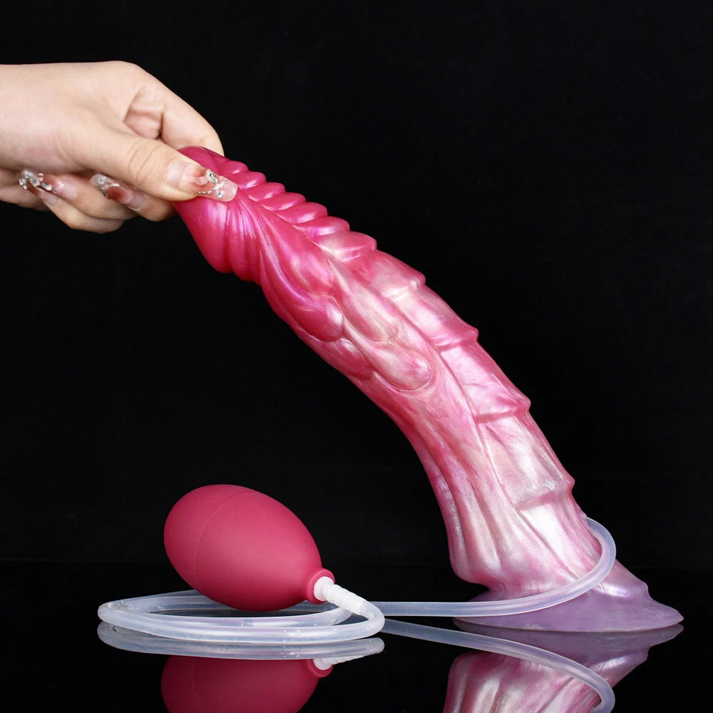 Faak Esguichando Pênis de Cavalo Curvo com Nervuras - Vibrador Ejaculação com Ventosa, Spray Líquido Multicor, Plug Anal G-spot