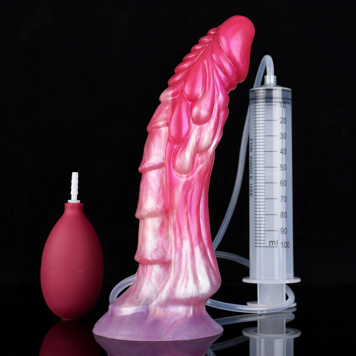 Faak Esguichando Pênis de Cavalo Curvo com Nervuras - Vibrador Ejaculação com Ventosa, Spray Líquido Multicor, Plug Anal G-spot