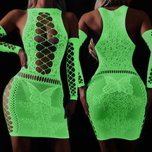 Vestido Noturno Luminoso "Starlight Embrace" - Lingerie Crotchless com Meias Fishnet