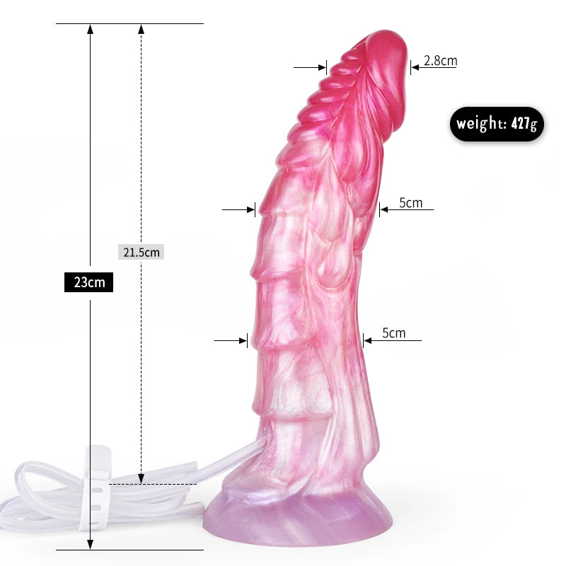 Faak Esguichando Pênis de Cavalo Curvo com Nervuras - Vibrador Ejaculação com Ventosa, Spray Líquido Multicor, Plug Anal G-spot