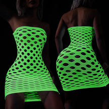 Vestido Noturno Luminoso "Starlight Embrace" - Lingerie Crotchless com Meias Fishnet