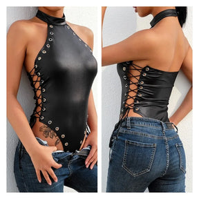 Spandex Bodysuit com Fivelas de Metal - Collant Sexy em Couro com Vírilha Aberta