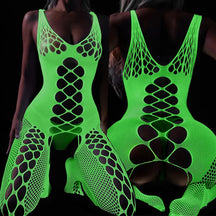 Vestido Noturno Luminoso "Starlight Embrace" - Lingerie Crotchless com Meias Fishnet